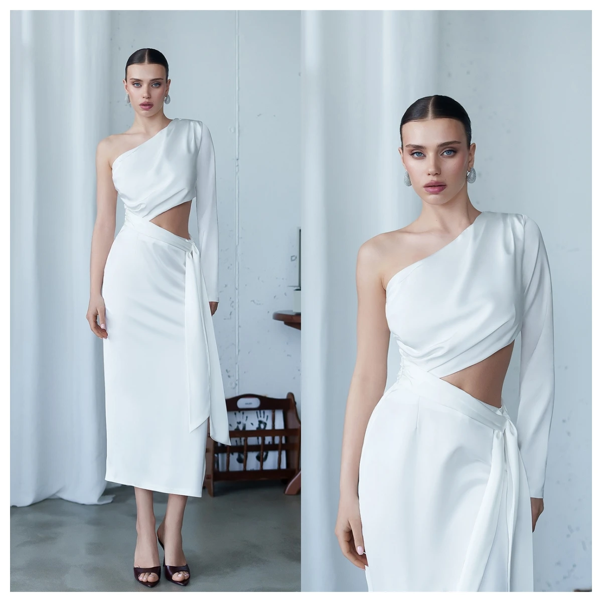 Customized Elegant  White Satin Evening Dress One Shoulder Long Sleeves Celebrity Gowns High Quality Special Occasion Gowns