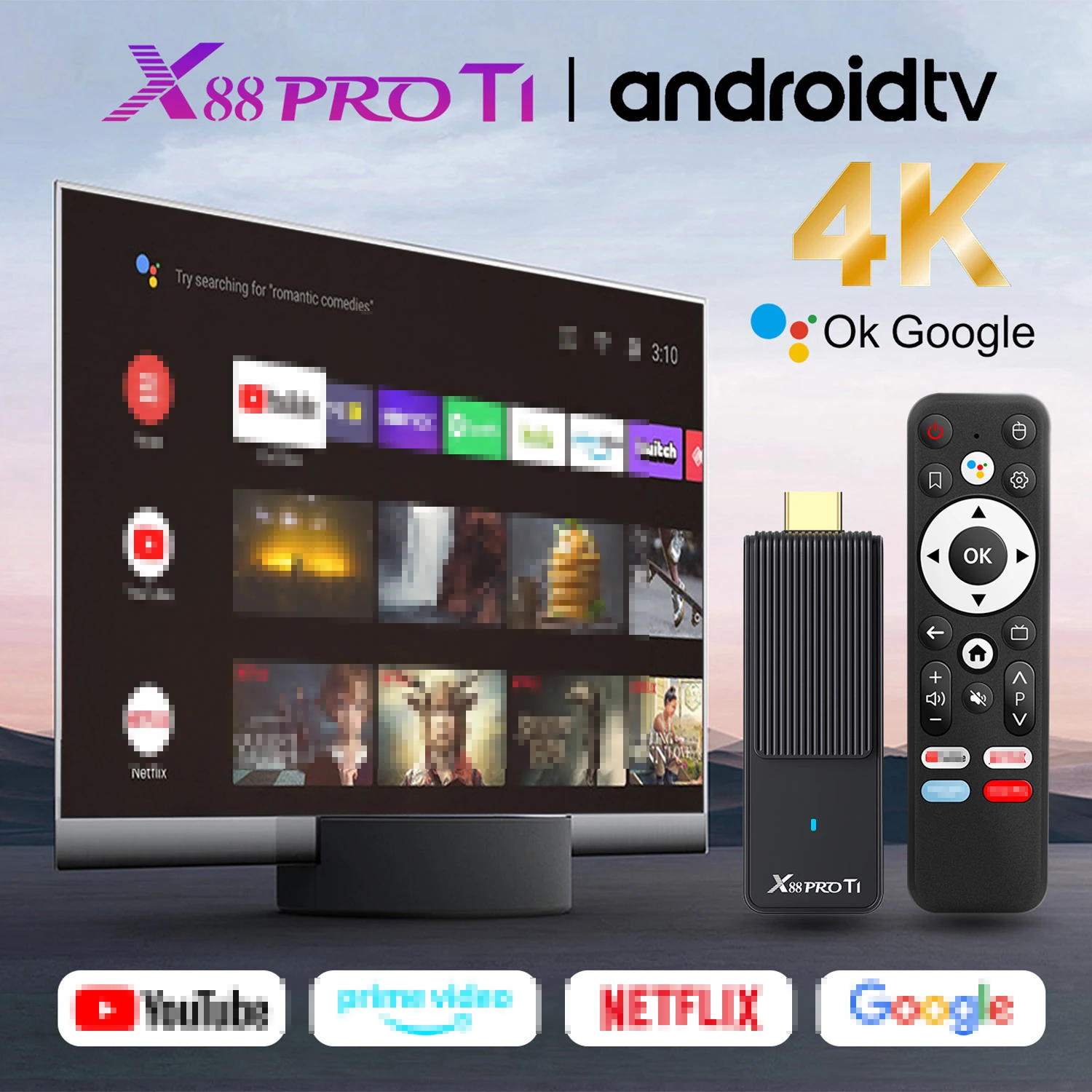 Android14.0 RK3518 TV Stick Rockchip Quad Core 4K HDR Wifi6 BT5 Voice Assistant Remote Game Media Player Smart TV Box X88 PRO