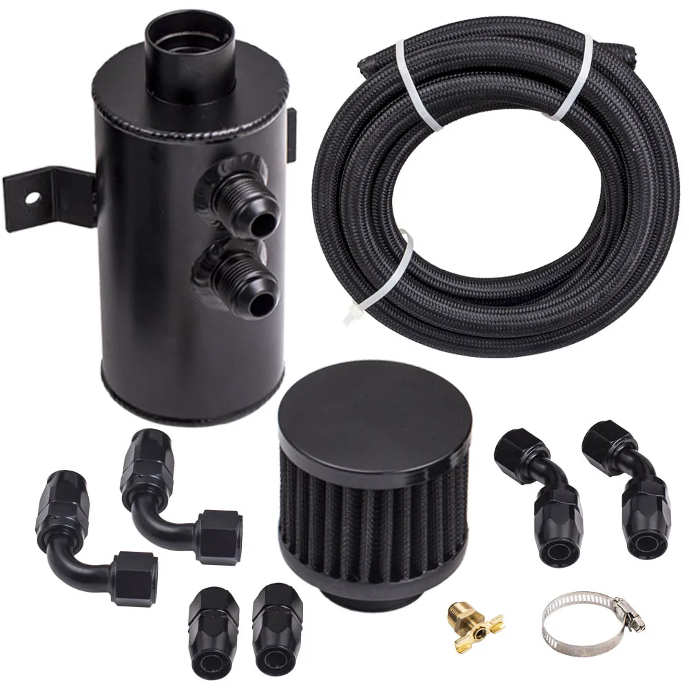 

10AN Aluminum Baffled Motor Engine Oil Catch Can 0.75L w/ Hose Kit New Oil Catch Breather Can w/ Filter & 3M Hose Kit Black