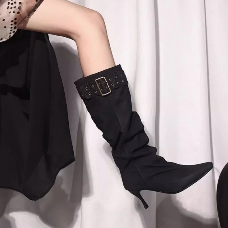 

Женские модные ботинки на шпильке с острым носком 2025, ботинки средней длины