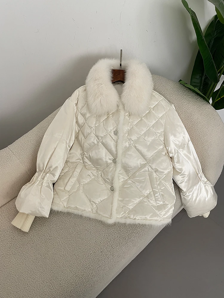 2025 المرأة الشتاء 90% الأبيض بطة أسفل معطف الثعلب الفراء طوق المنك أسفل سترة قصيرة فضفاضة عادية سميكة معاطف دافئة #3