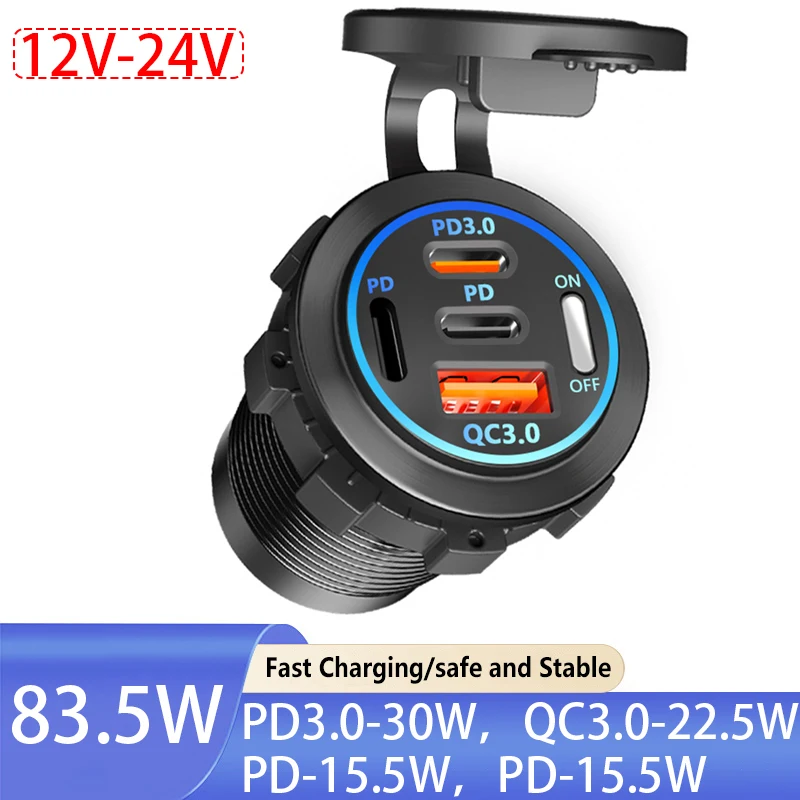 12-24V Car Charger Usb Pd3.0 Qc3.0 Car Multi-Function Charger Blue Light with Key Switch Suitable for Cars Ships and Trucks
