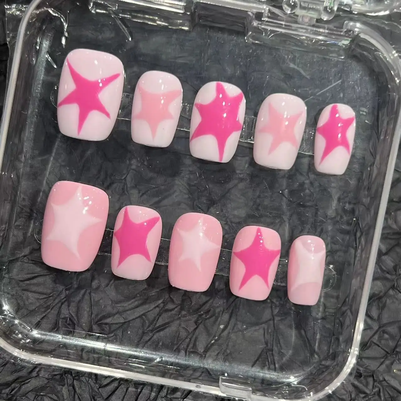 Faux Ongles à Pression Faits à la Main, Motif Étoile Rose Cool, Style Coréen, Cercueil Court, N64.Sweet, Y2K, 10 Pièces