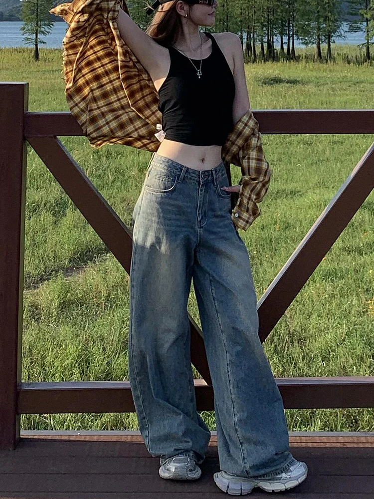 American Style Retro High Waist Draped Straight Leg Denim Jeans Women's Spring Autumn Loose Slim Wide Leg Floor Length Pants