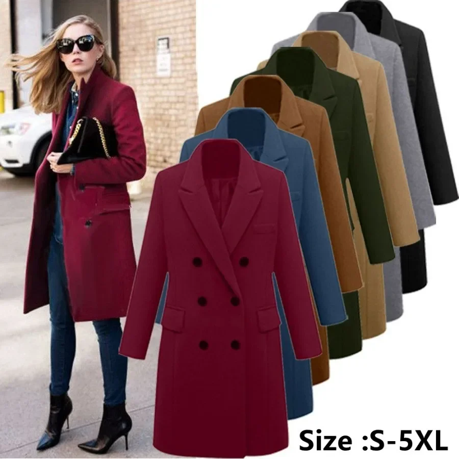 

New 2024 Women's Long Coat Double Breasted Autumn Winter Slim Fit Wool&Blends Female Solid Outwear Streetwear Jacket Wool Coat