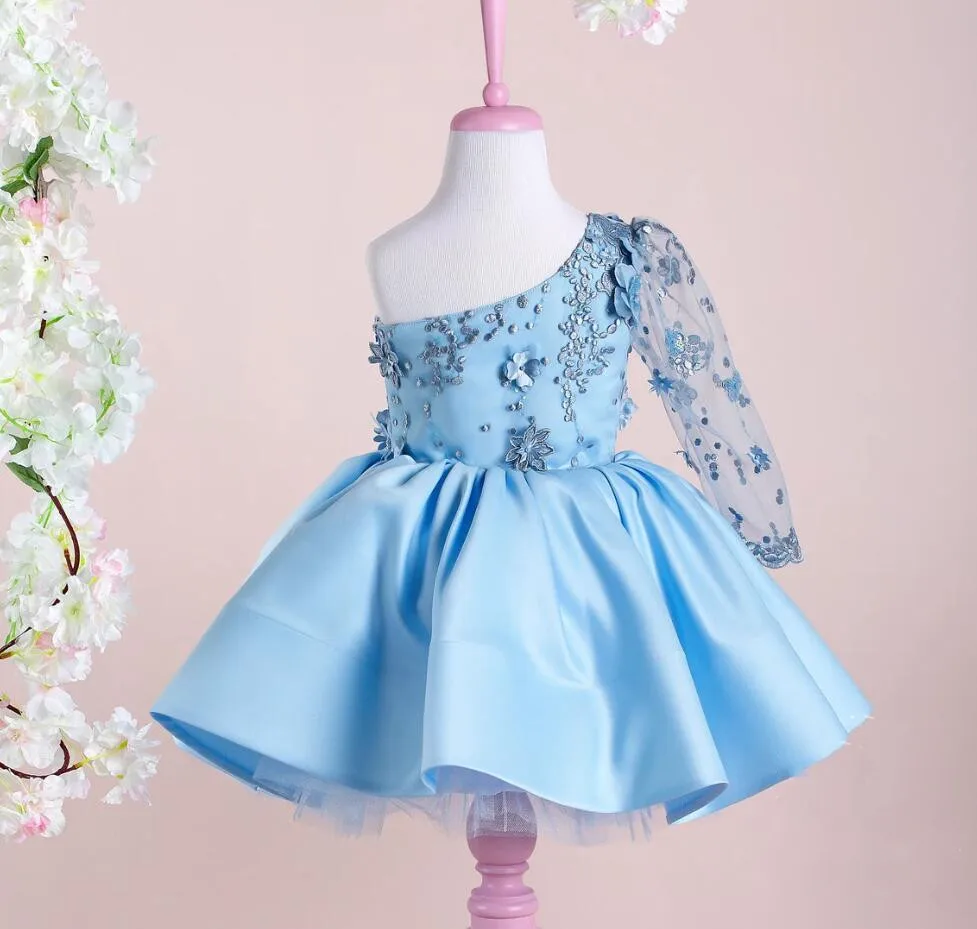 Sky Blue Baby Girl Dress 3D Flowers Pearls Toddler Frock Kids Couture Little Princess Girls Birthday Dress 12M 18M 24M