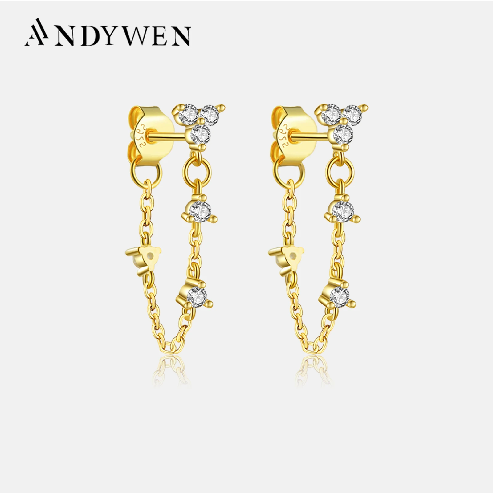 ANDYWEN 925 Sterling Silver Gold Three Zircon Chain Stud Earring Drop Women Luxury Clear Clips Jewelry 2023 Wedding Party Jewels