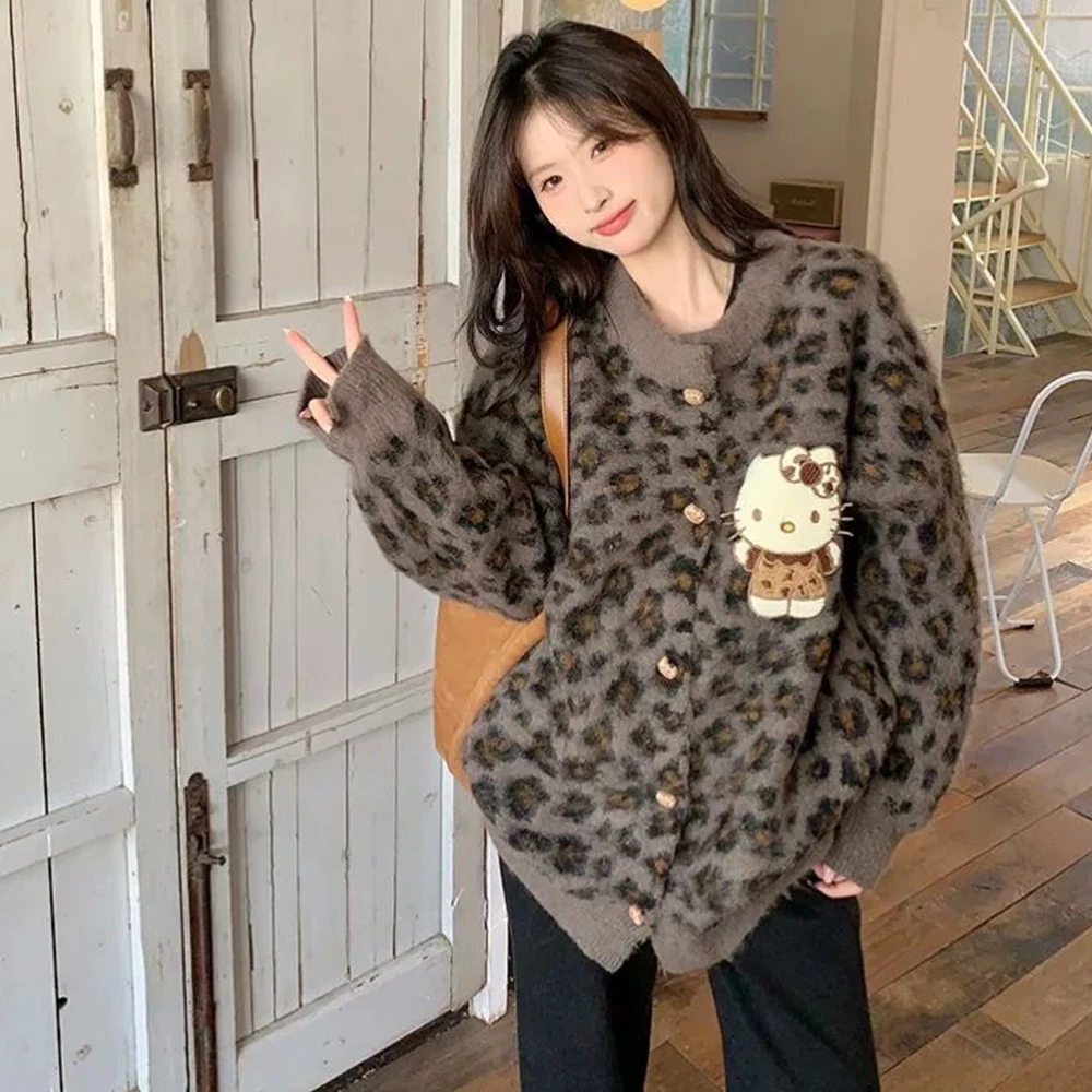 

Cute Women Cardigan Sweater Sanrio Hello Kitty Anime Knitting Thick Coat Cartoon Leisure Leopard Print Tops Girls Student Coat