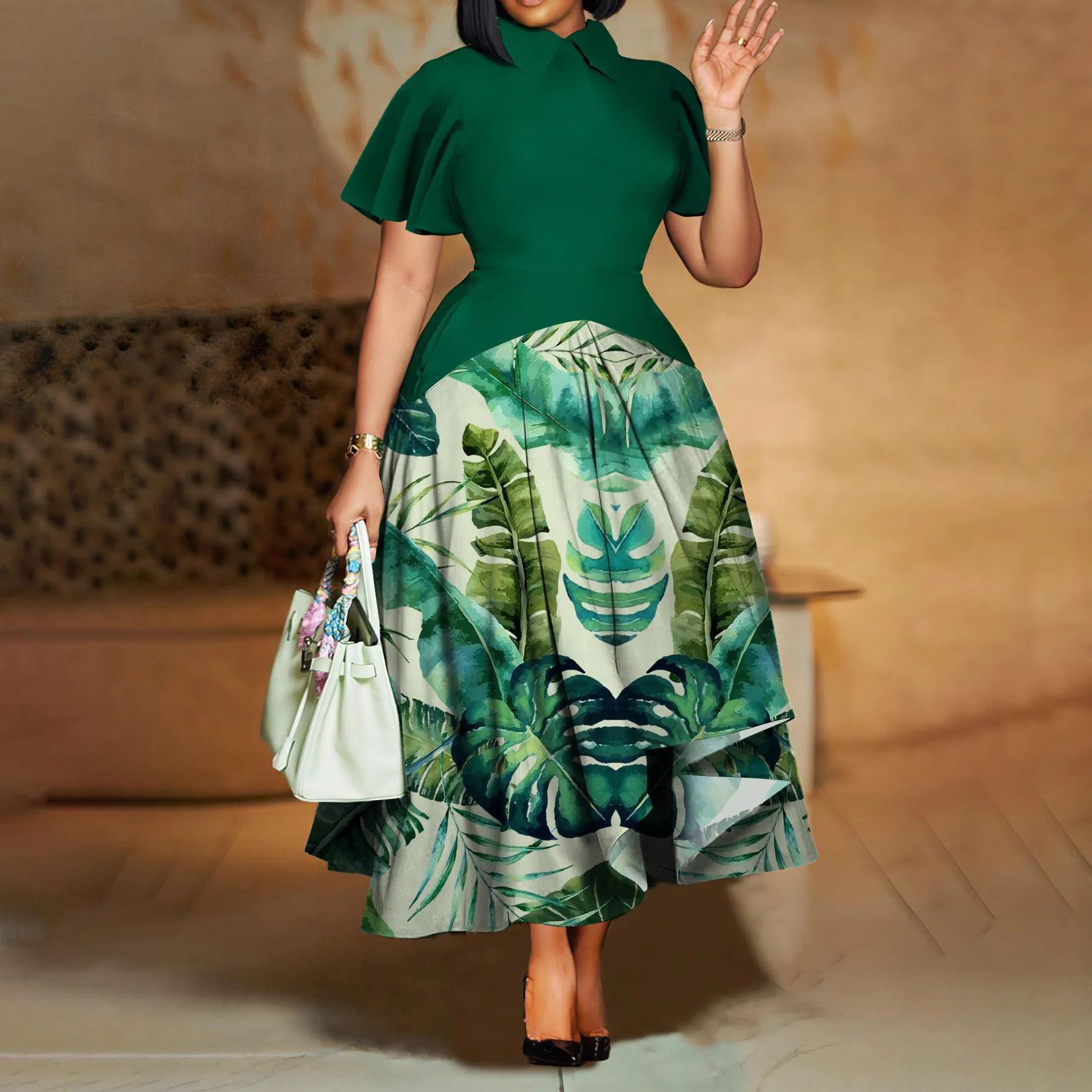 

Women's 2026 Summer Fashion Temperament Lapel Lotus Leaf Sleeve Dress Big Swing Dress African Large Size Dress
