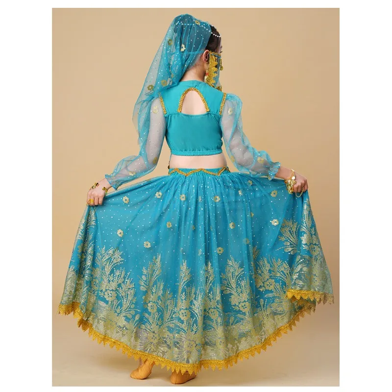 Vestido de dança indiana infantil personalizado, vestido de performance para meninas, roupas de dança do ventre, conjunto de vestido de princesa jasmim exótico