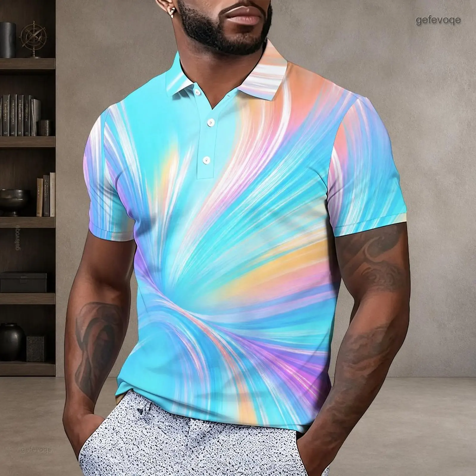Printed Polo Shirt for Men Short Sleeve Collared Neck Button Placket