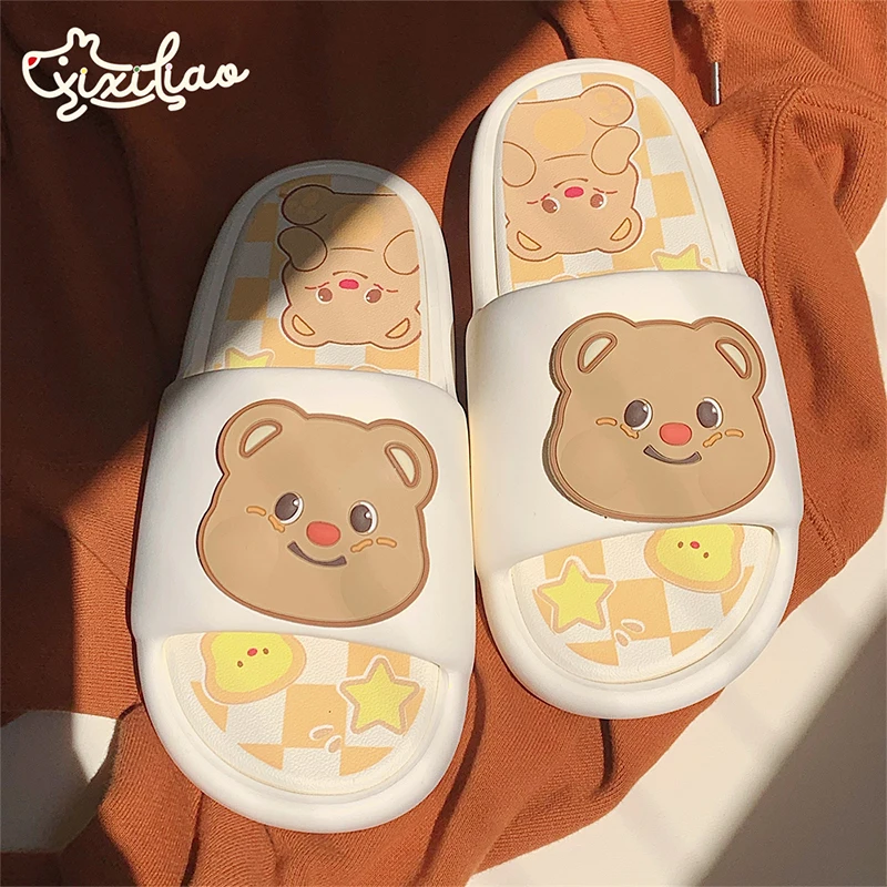 XIXITIAO Bathroom Slippers For Women Fashion Cartoon Cute Bear Color Blocking Soft Non-slip Platform Home Couple Shoes Sandals