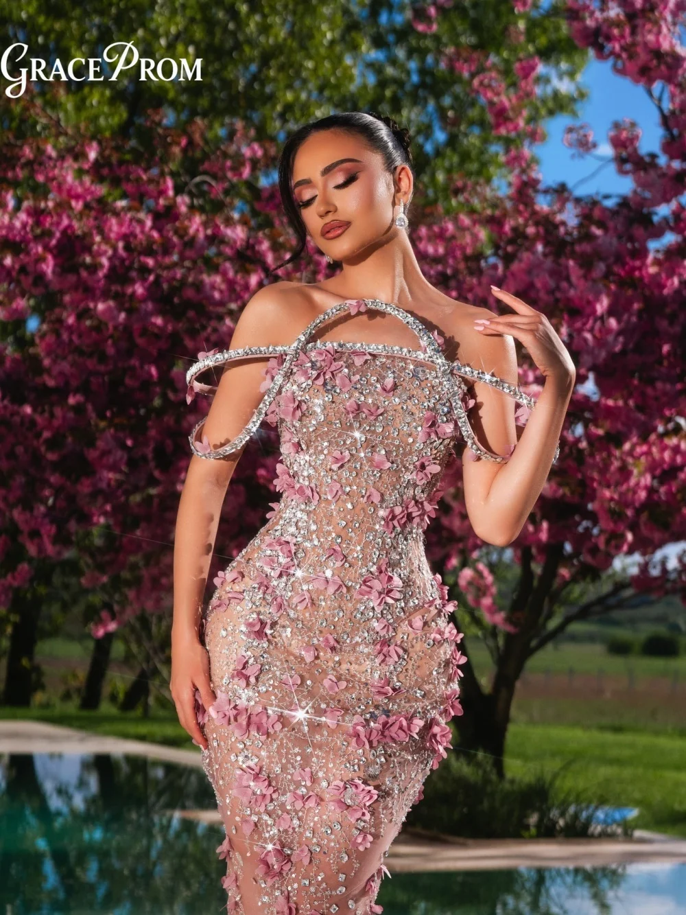 

Glamorous Nude Pink Evening Gown Enchanted Sheer Beaded 3D Floral Embellished Mermaid Party Dress For Wedding Guests فساتين سهرة