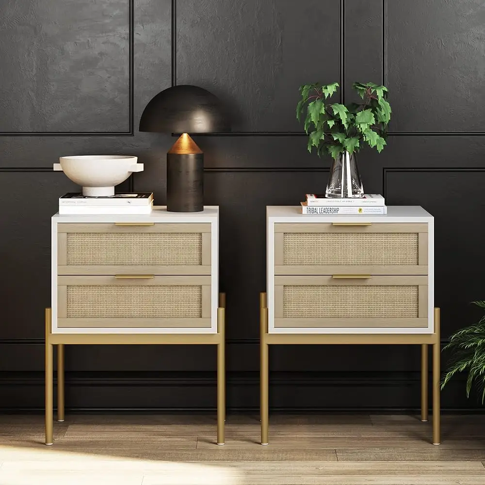 

Andrew End, Bedside Or Side Table In Matte White Finish With Two Natural Rattan Drawers Doors For Storage And Brass Gold
