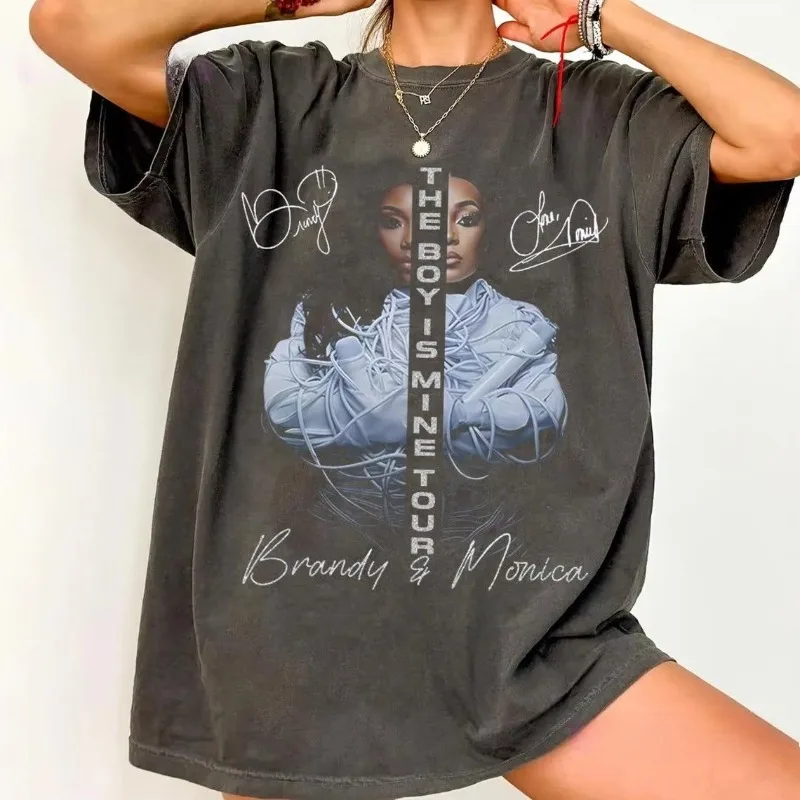 90s retro music T-shirt, loose street style top. Brandy&Monica Retro T-shirt: Retro R&B Pattern T-shirt