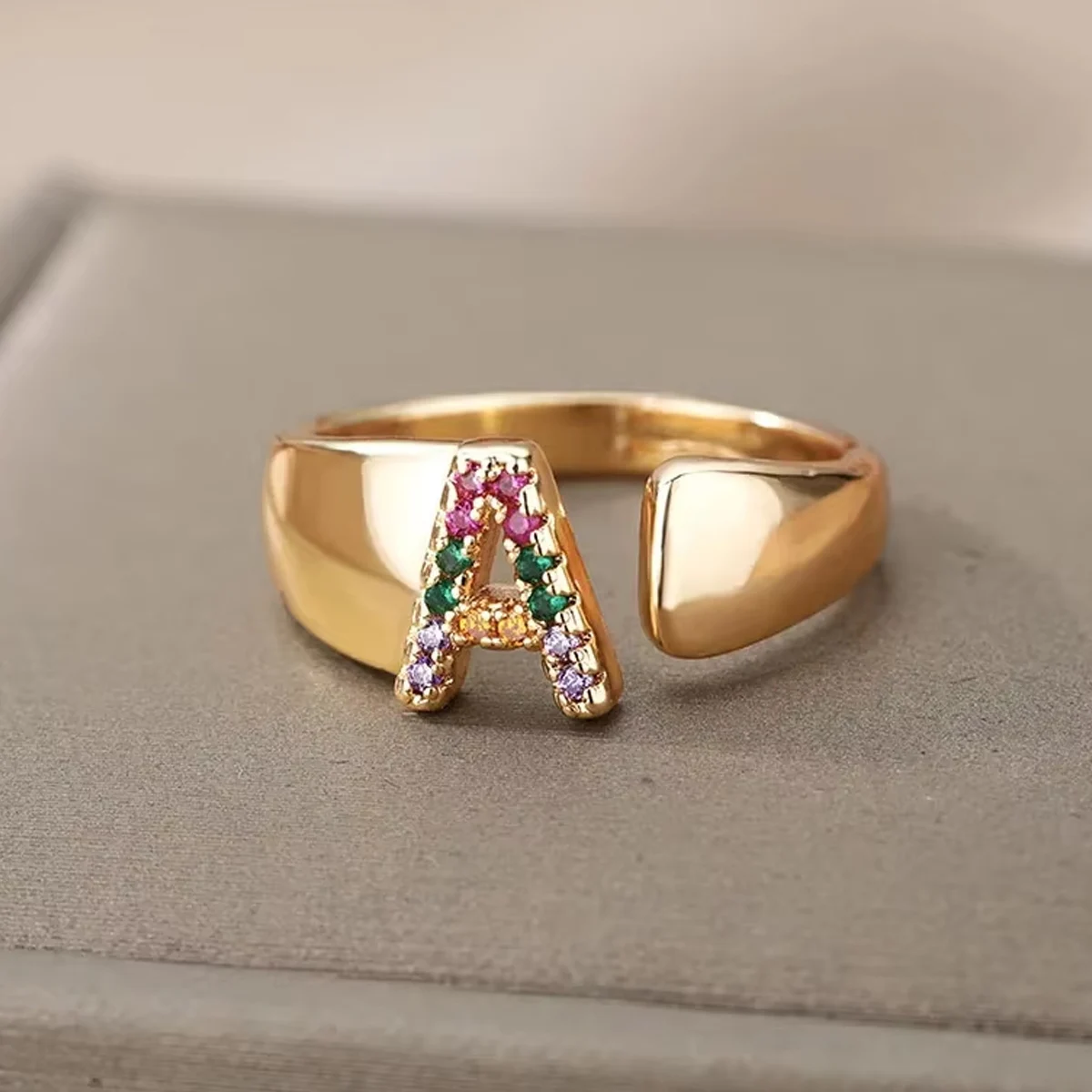 Multi Color Crystal Initial Letter Open Rings For Women Colorful Rhinestone Gold Plating Metal Finger Ring Fashion Jewelry Gift image 2