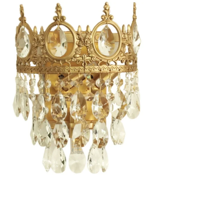 Bedside lamp crown wall lamp French European full copper living room bedroom background wall crystal creative aisle