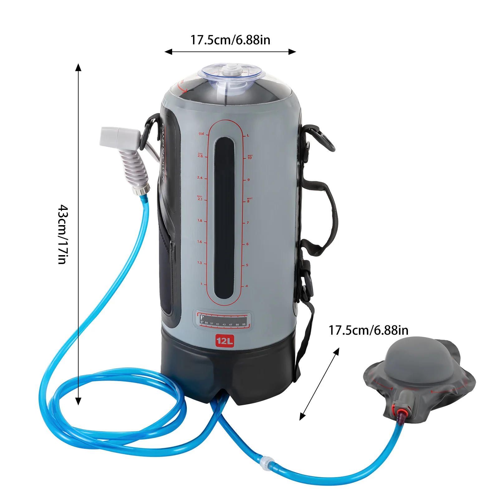 12L Camping Shower Solar Shower Garden Shower with Pump Head Portable and Removable Hose view 3