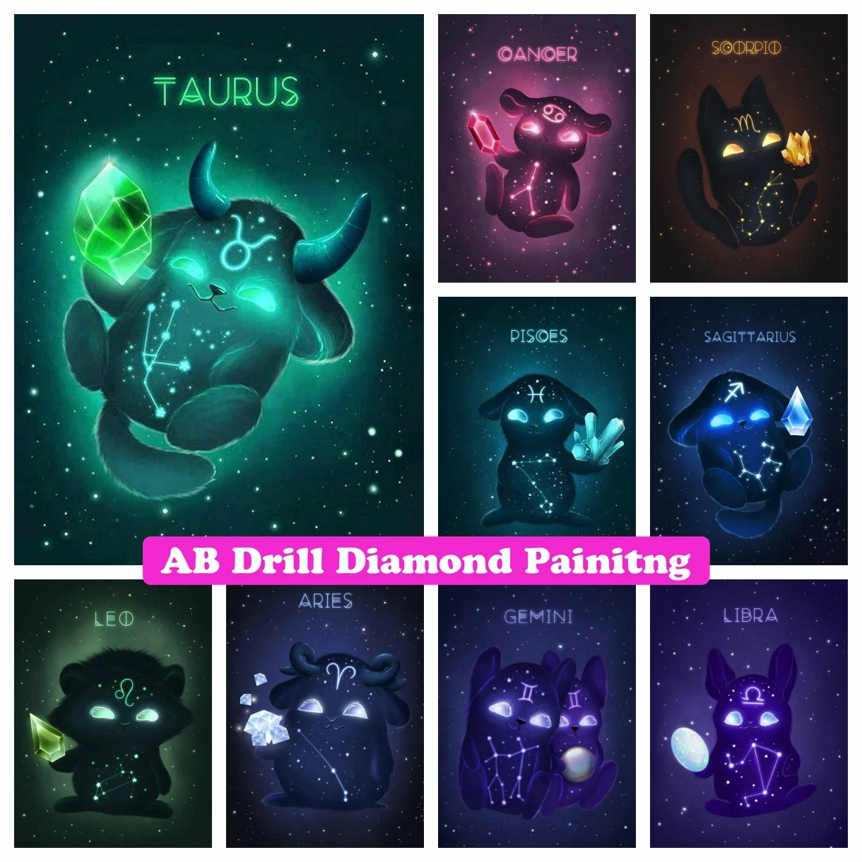 

Cartoon Animal Constellation 5D DIY AB Drills Diamond Painting Zodiac Fantasy Art Rhinestone Cross Stitch Embroidery Home Decor