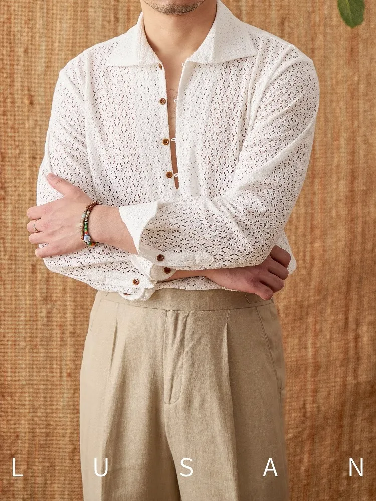

Men's Pure Cotton Shirt - Retro Japanese Style Semi-Open Collar Long Sleeve Perforated Breathable Casual