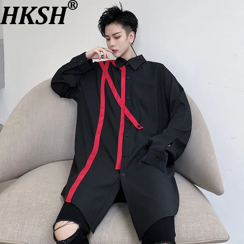 

HKSH Spring Summer New Trend Brand Men's Tide Loose Fit Shirt Contrast Color Ribbons Long-Sleeved Casual Versatile Shirt HK22373
