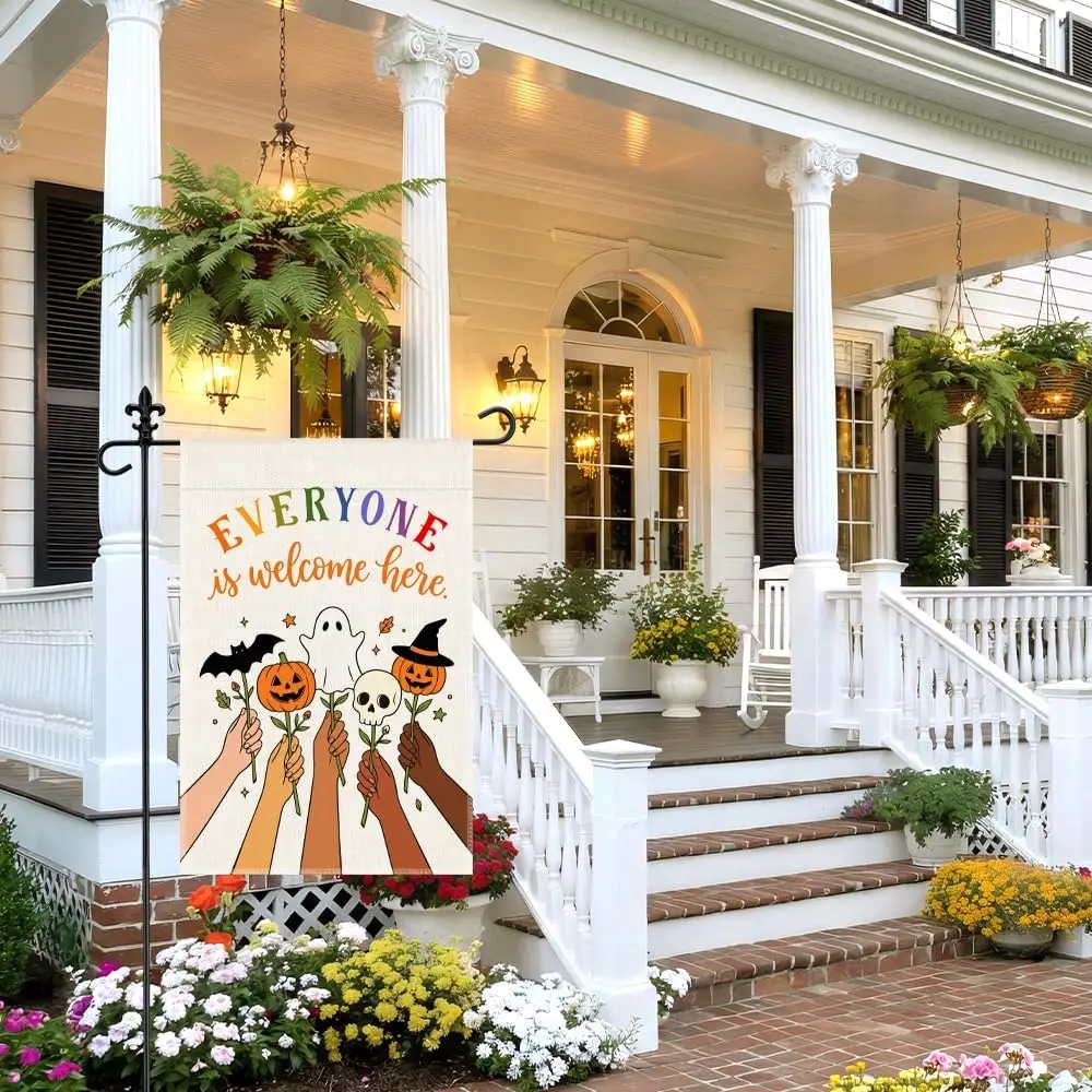 Everyone Is Welcome Here Garden Flag 12x18 Inch Double Sided, Inclusive Pumpkin Ghost Skull Yard Flag, Fall Outdoor Porch De yyi