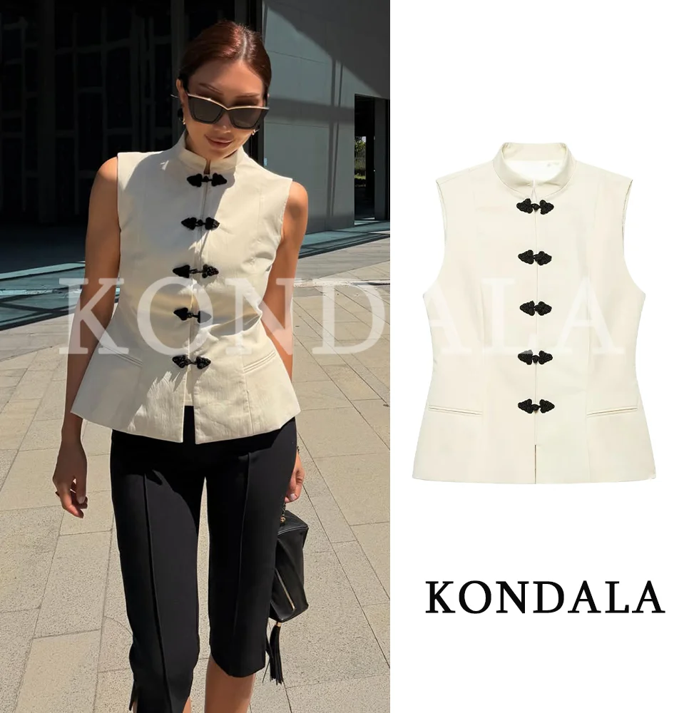 KONDALA Women Office Lady Casual Trendy Tank Blouse Knot Button O-Neck Vest Top New Fashion 2026 Spring Summer Holiday Lady Tops