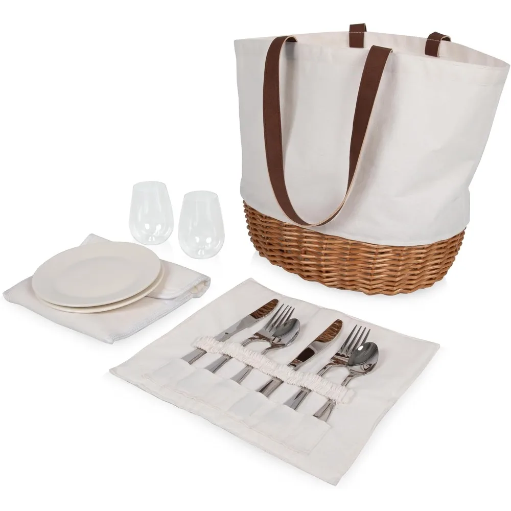 Kosz piknikowy na spacery dla 2 osób, zestaw piknikowy z płótna i wierzby - zawiera zestaw przyborów, szkła i talerze, (beżowe płótno)