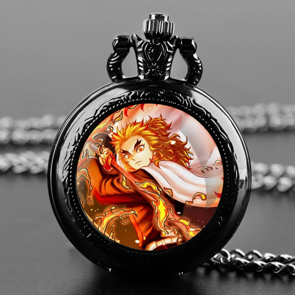 ساعة جيب كوارتز سوداء على شكل قبة زجاجية من Rengoku Kyojuro مع قرص أرقام عربية وسلسلة متينة هدية ريترو للرجال والنساء