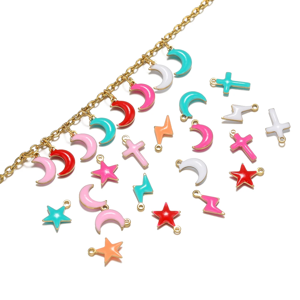 20pcs/lot Stainless Steel Enamel Cross Star Moon Charms Pendants for DIY Jewelry Necklaces Making Earrings Bracelets Findings