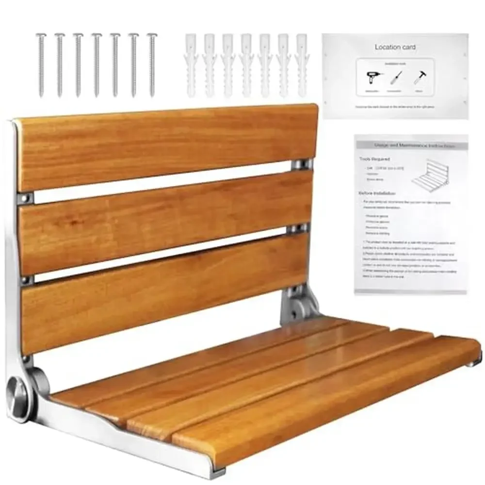 

Teak Shower Bench Wall Mounted Grab Bar Folding Seat Rust Resistant Armrest Bathroom Stool 17.52in ergonomic Design Wet Room