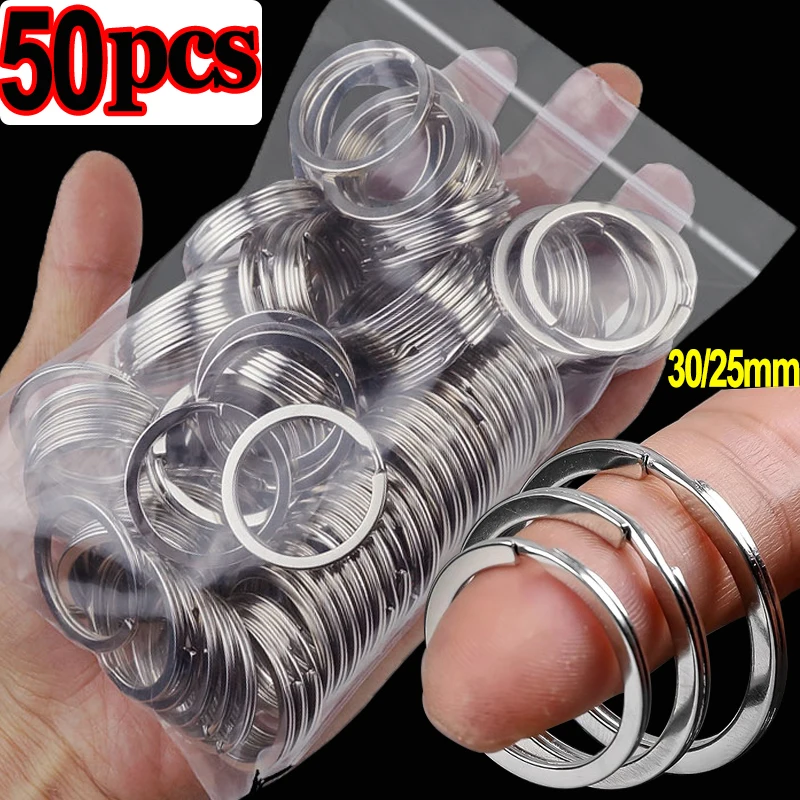 10-50Pcs Polished Silver Keyring Stainless Steel Hole Flat Key Ring Key Chain Rhodium Plated Round Split Keychain DIY Wholesale