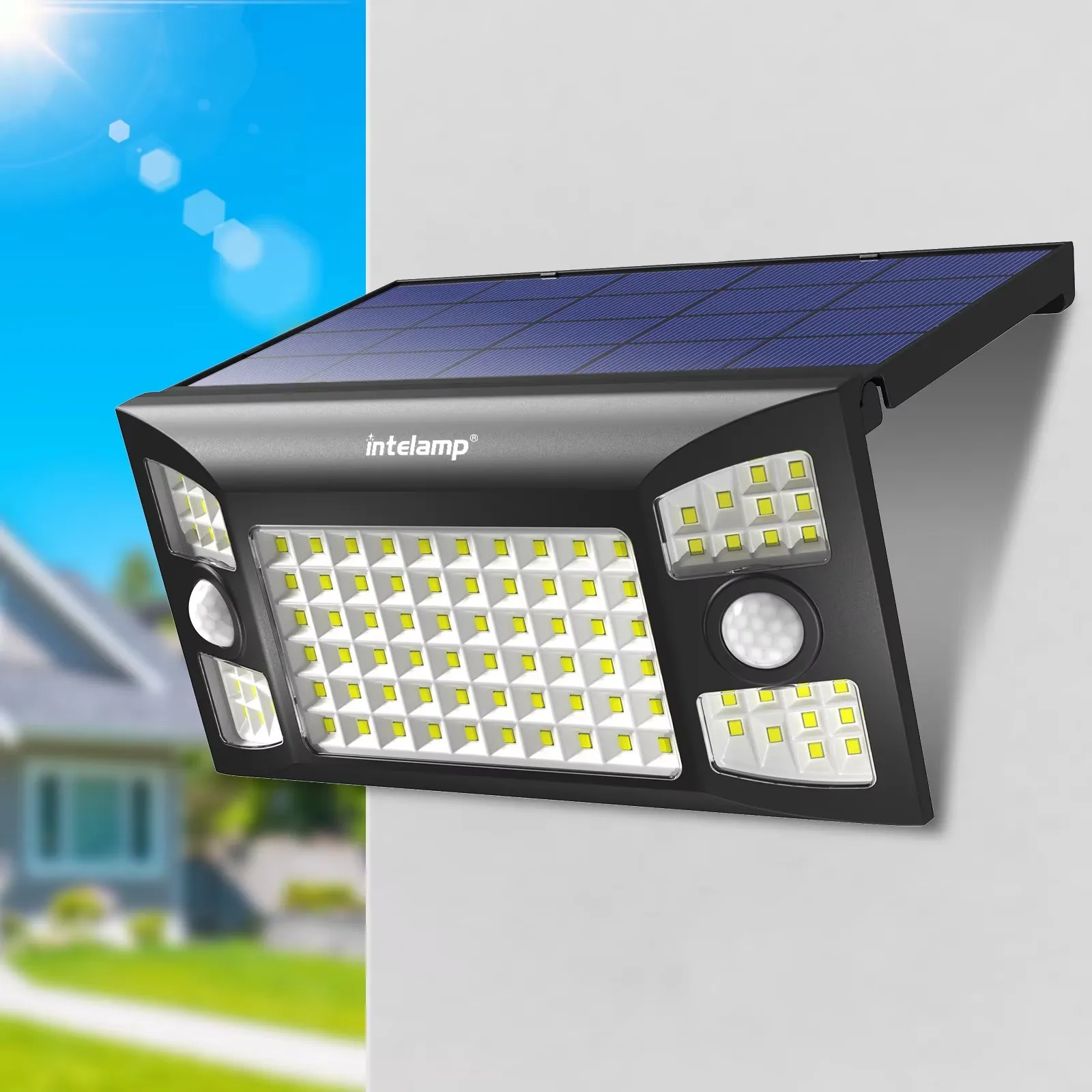 Intelamp Langlebige 4000mAh Outdoor-Solarleuchten mit Zwei Bewegungssensoren, Großem Solarpanel, Solarlampe für Straßen, Gärten und Wege