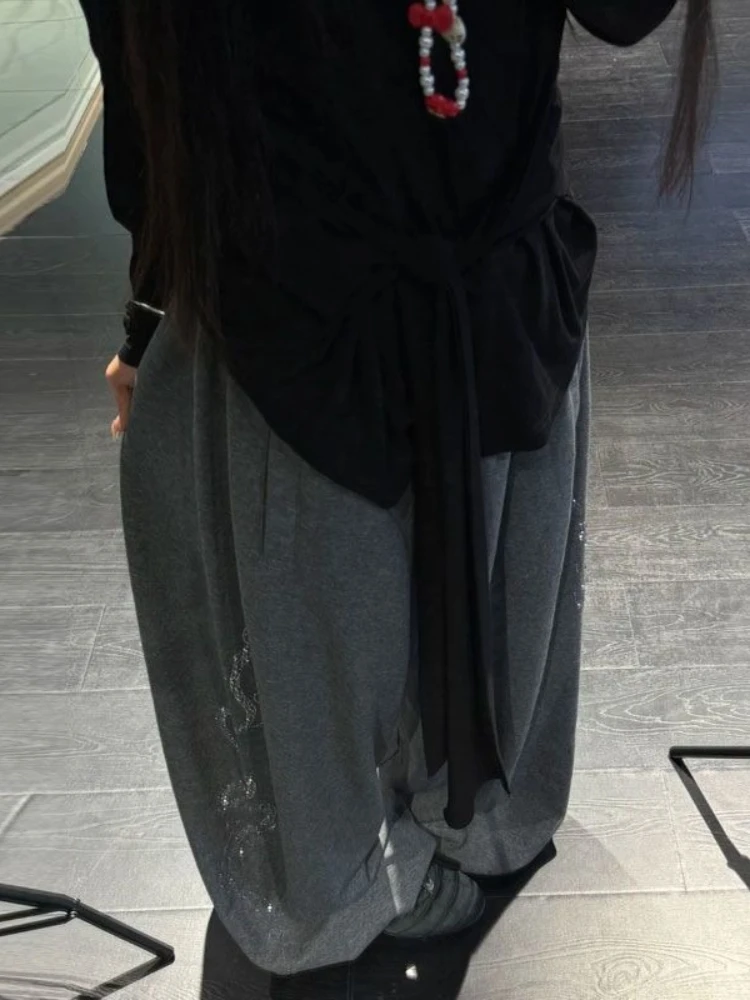 HOUZHOU Vintage Casual Rhinestone Pants Women Gray Baggy Hip Hop Harajuku Oversized Trousers Black Retro Wide Leg Sweatpants