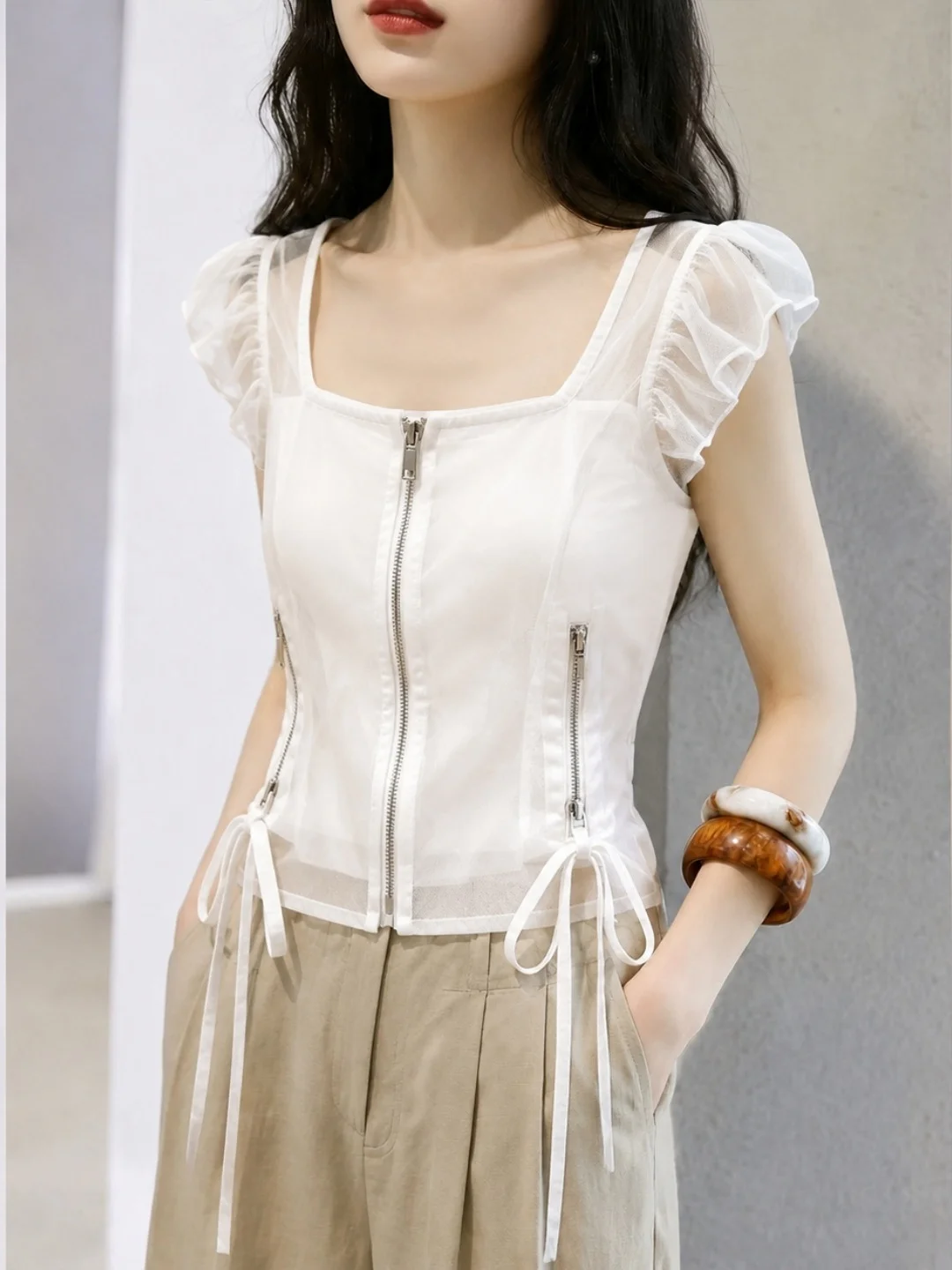 Fashionable Zipper Top Light Maturity Style Trendy Design Sense Belt Korean Version Slim Fit Silk Women's Summer Shirt