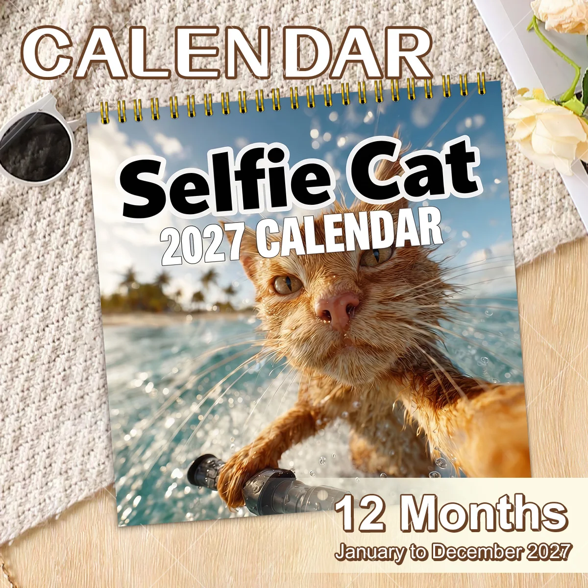2027 Spiral Wall Calendar,Funny Selfie Cat Beach Ocean Scenery Art, 12‑Month Monthly Planner Home Wall Decor Gift for Cat Lovers