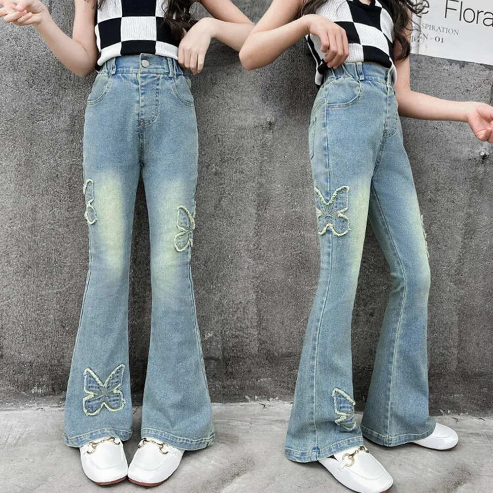 New Fashion Children\'s flared Pants Teen Girls Jeans Vintage Denim Trousers for 5 6 7 8 9 10 11 12 13 14 Years old kids Bottom