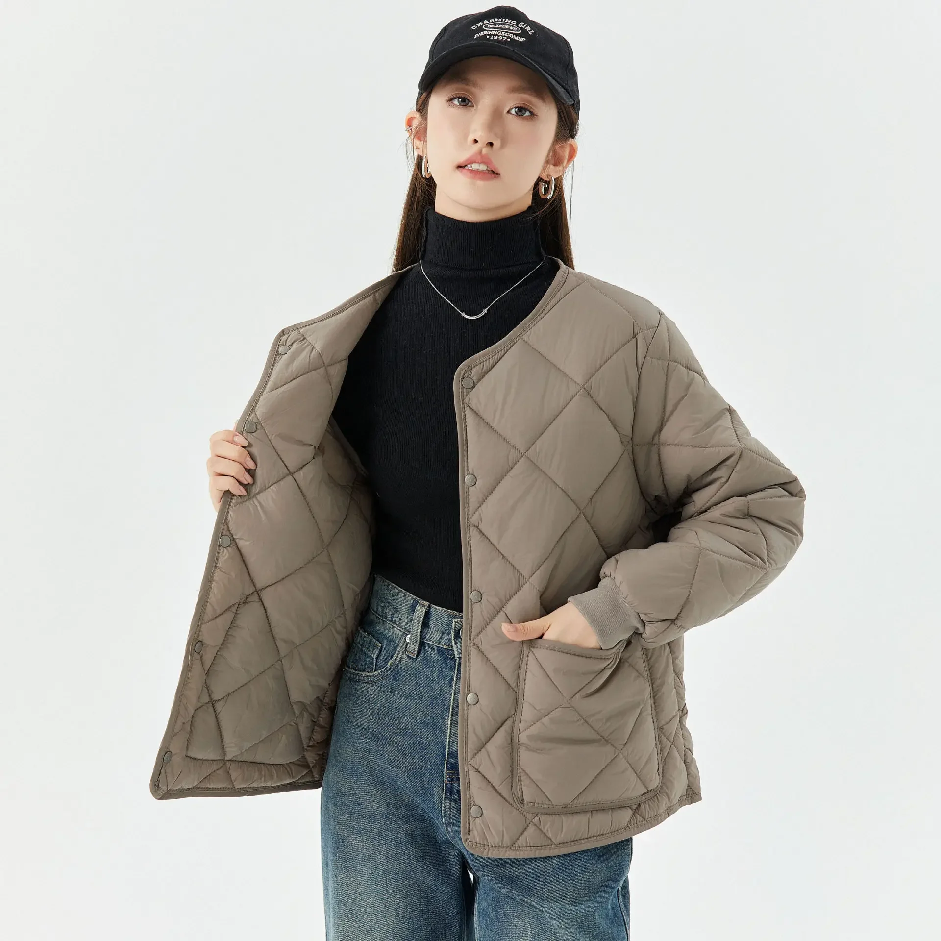 Ladies Winter New Fashion Thin Solid Color Loose Warm Padded Jacket, Casual Fleecing Single-breasted Jacket with Pockets Women