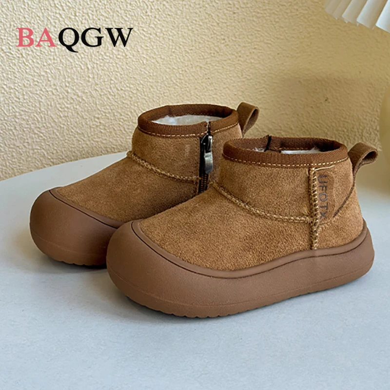 

PU Leather Snow Boots For Children Vintage Boy's Girl's Plush Boots Anti-slippery Faux Fur Winter Boots For Kids Cotton Shoes