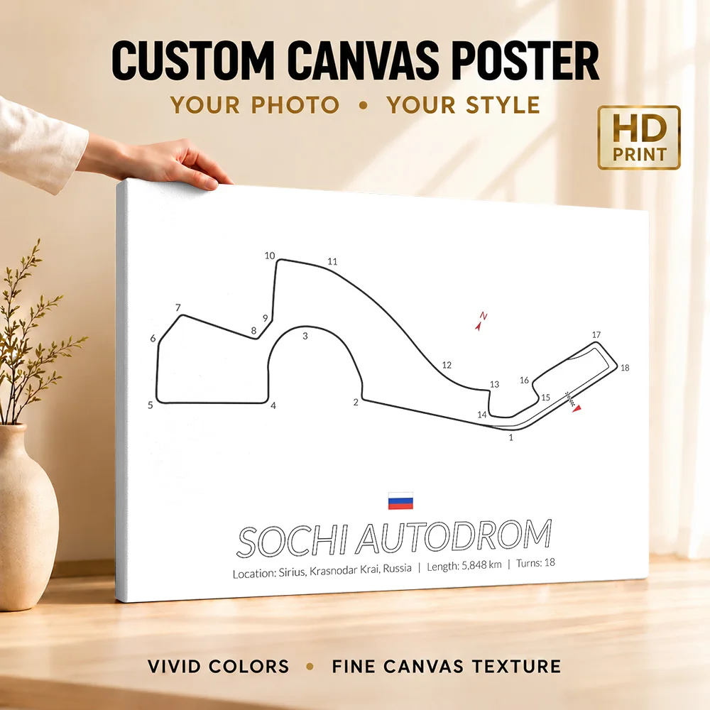 Sochi Autodrom Russian GP Map Wood Framed Canvas Poster Customized Photo Annotated Linework Wall Art For Study Collector Gift