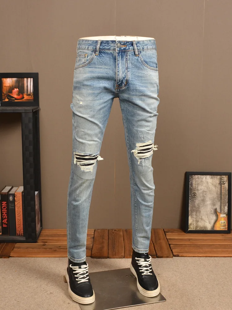 Ripped Jeans Men's Retro Trendy Slim-Fit High-End Korean Style Casual Light Blue Skinny Tappered Pants