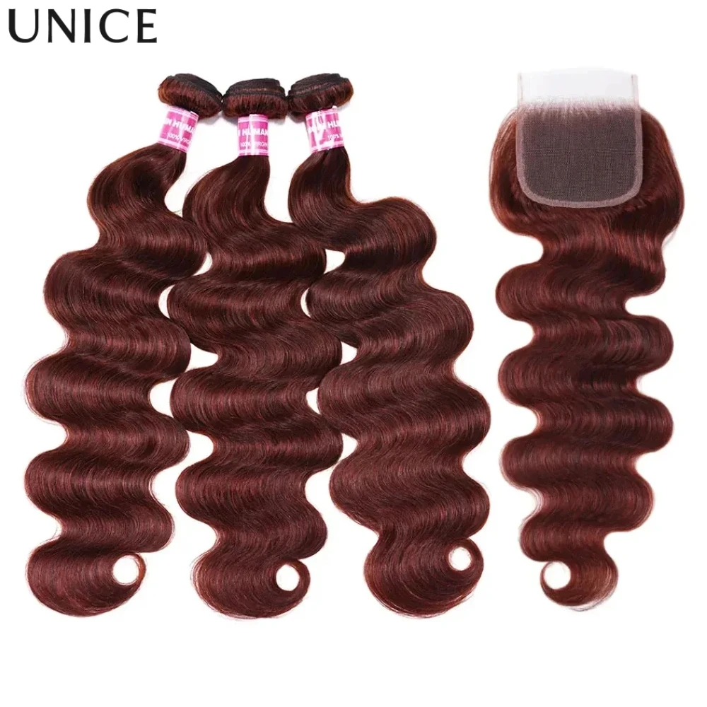 UNice Reddish Brown Body Wave Bundles 2/3/4 PCS With 4x4 Inch Lace Closure 100% Human Hair Bundles With Closure