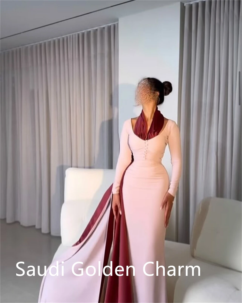 Aangepaste temperament roze jersey avondjurk prachtige halter lange mouwen zeemeermin contrastkleur op maat gemaakte gelegenheid