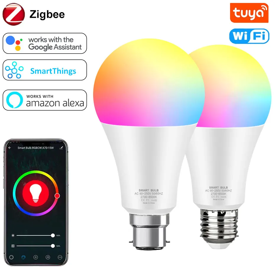 

Zigbee/Wifi LED Light Bulb E27 18W 15W RGB Dimmable B22 Lamp Tuya Smart Life APP Control Compatible Alexa Google For Home