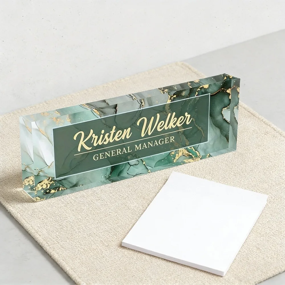 Custom Marble Acrylic Desk Name Plate, Personalized Name Title Contact Info, UV‑Resistant Sign for Boss Staff Teacher Office Gif
