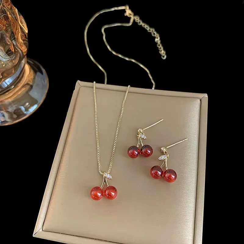 2PCS Sweet Red Cherry Pendant Necklace Dangle Stud Earrings Jewelry Set Shiny Gold Chain White Rhinestone Women Trendy Jewelry