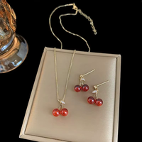 Sweet Red Cherry Pendant Necklace Dangle Stud Earrings Jewelry Set Shiny Gold Chain White Rhinestone Women Trendy Jewelry
