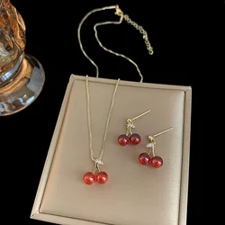 Sweet Red Cherry Pendant Necklace Dangle Stud Earrings Jewelry Set Shiny Gold Chain White Rhinestone Women Trendy Jewelry