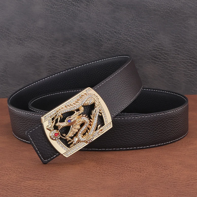 Hebilla lisa de dragón chino para hombre, cinturón de cuero genuino, diseño de lujo, Ceinture de alta calidad