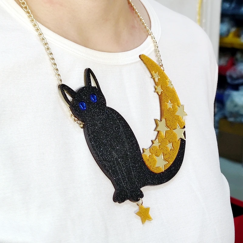 KUGUYS Super Big Black Cat Moon Stars Pendant Necklace for Women Fashion Acrylic Large Sweater Chain Hyperbole Jewelry Acce